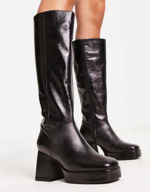 Topshop Holly premium leather platform knee high boot in black