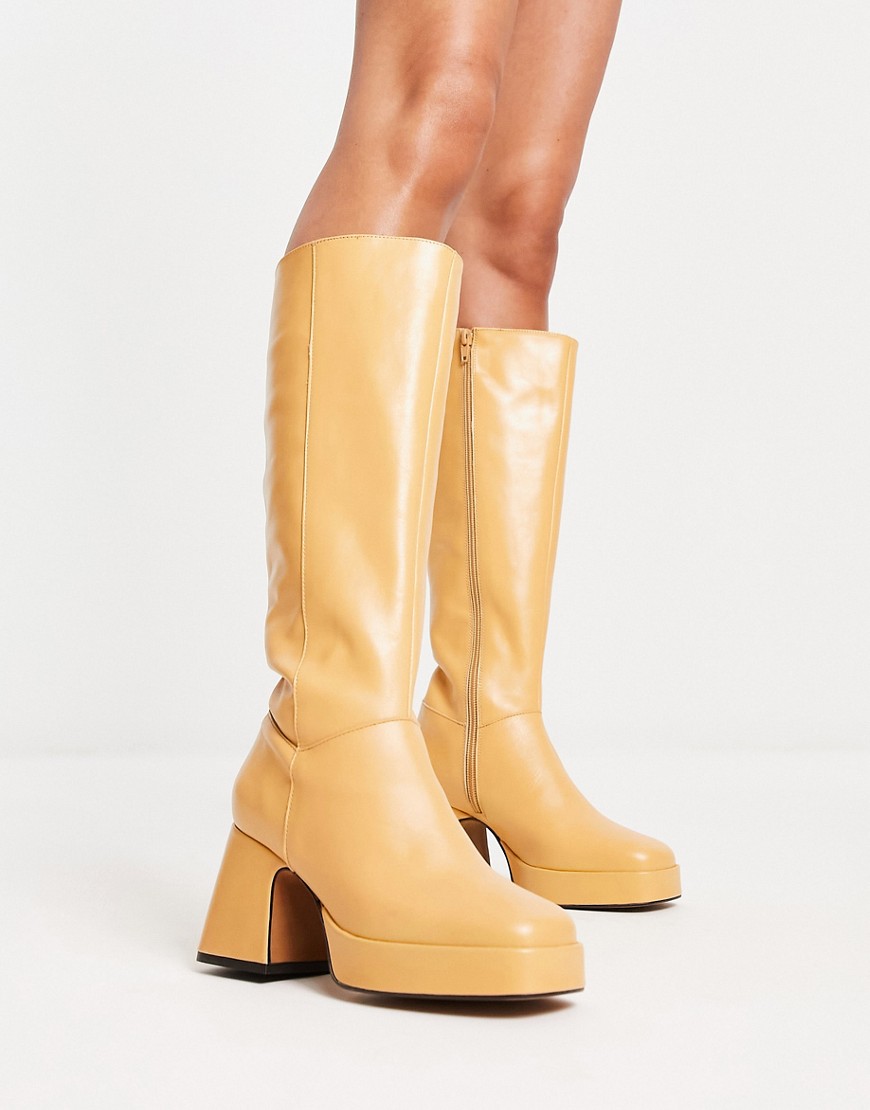 Topshop Holly premium leather platform knee high boot in camel-Neutral
