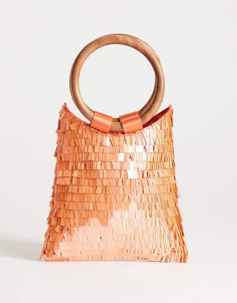 Topshop Holly sequin grab bag with wooden handle in coral - view 1