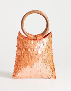 Holly sequin grab bag with wooden handle in coral