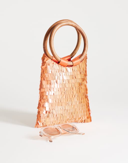Topshop Holly sequin grab bag with wooden handle in coral, 2 of 4