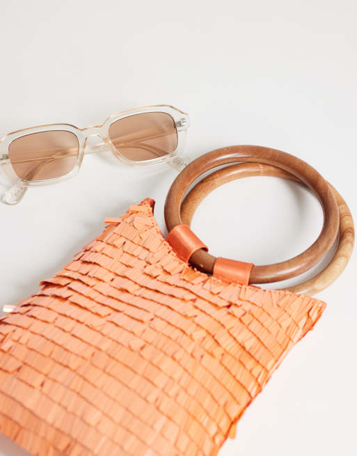 Topshop Holly sequin grab bag with wooden handle in coral, 3 of 4