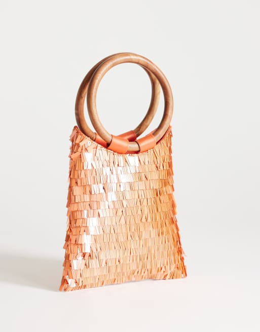Topshop Holly sequin grab bag with wooden handle in coral, 4 of 4
