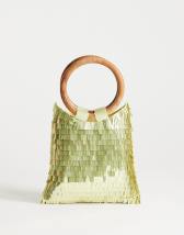 Topshop Holly sequin grab bag with wooden handle in lime