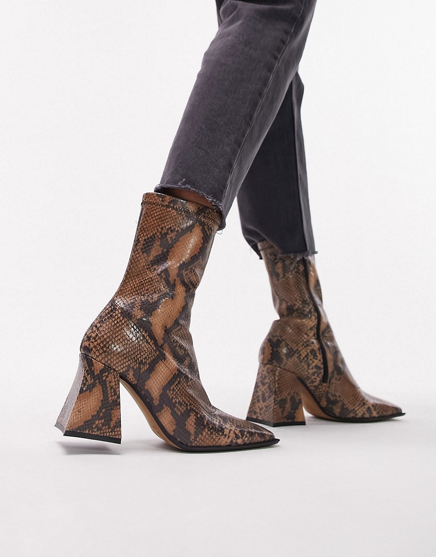 Topshop Honey premium leather block heel ankle boot in snake-Multi