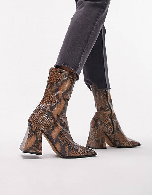 Topshop Honey premium leather block heel ankle boot in snake | ASOS