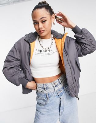 Topshop hooded borg bomber jacket in charcoal