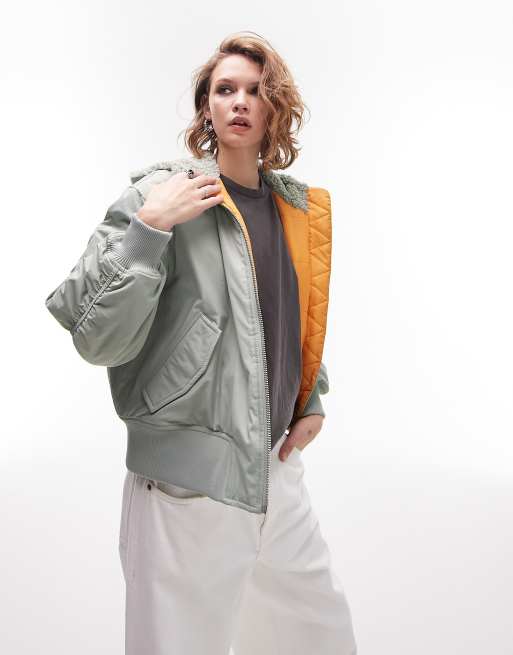 Topshop hooded borg bomber jacket in sage 