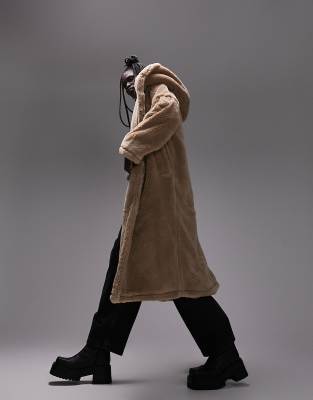 Topshop hooded borg coat in camel