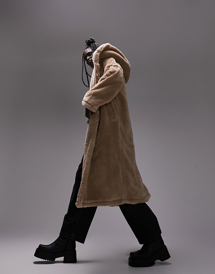 Topshop hooded borg coat in camel-Neutral