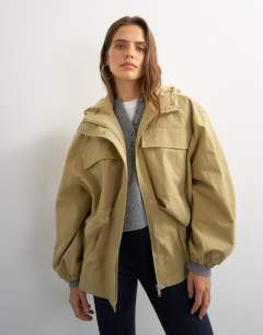 Model wearing Hooded cinch waist anorak in camel