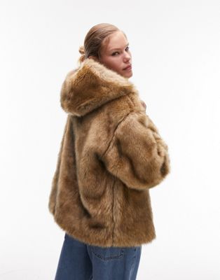 Topshop hooded faux fur coat in vintage fur
