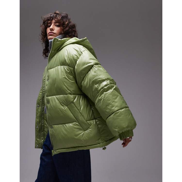 Topshop Hooded Mid Puffer Jacket in Bright Green