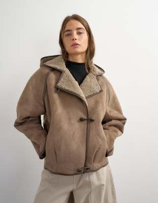 Topshop Hooded Shearling Toggle Detail Jacket In Brown