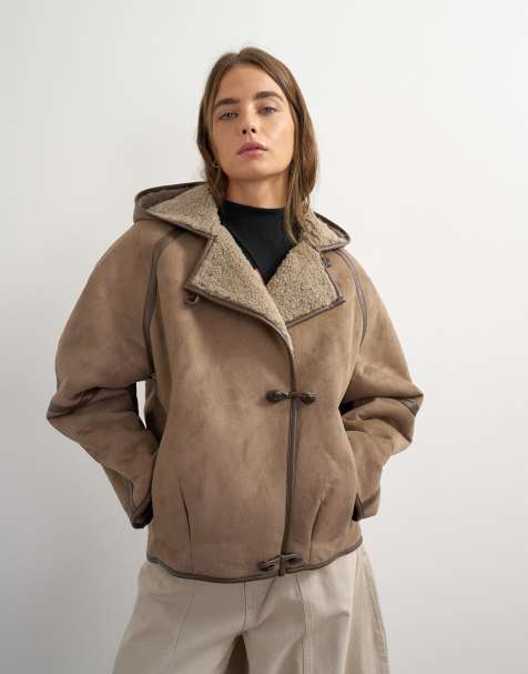 Topshop hooded shearling toggle detail jacket in brown - view 1