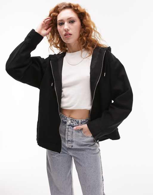 Topshop hooded zip through cotton jacket in black | ASOS