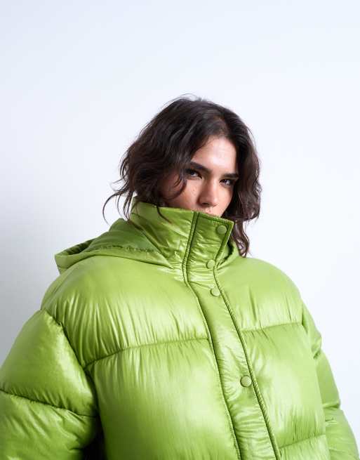 Topshop - Hoogglanzend puffer jack van ripstop in felgroen, 4 van 4