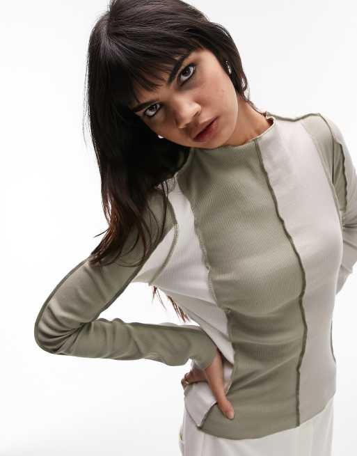 Topshop - Hoogsluitende geribbelde top met naaddetail in multi