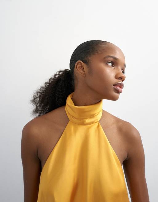 Topshop - Hoogsluitende haltertop met open achterkant in geel, 4 van 4