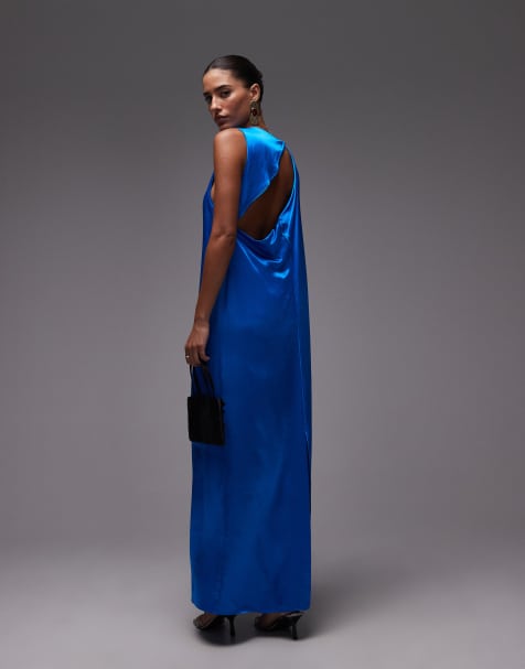 Topshop - Hoogsluitende makkelijke midi jurk van satijn met open achterkant in blauw - view 1