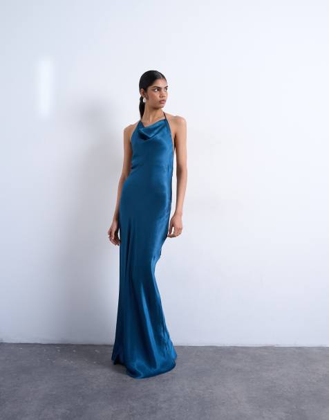 Topshop - Hoogsluitende maxi jurk met gedrapeerde halslijn in petrol - view 1