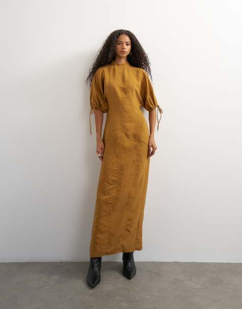 Topshop hoogsluitende maxi jurk met pofmouwen met koordstopper in bruine geweven streep - view 1