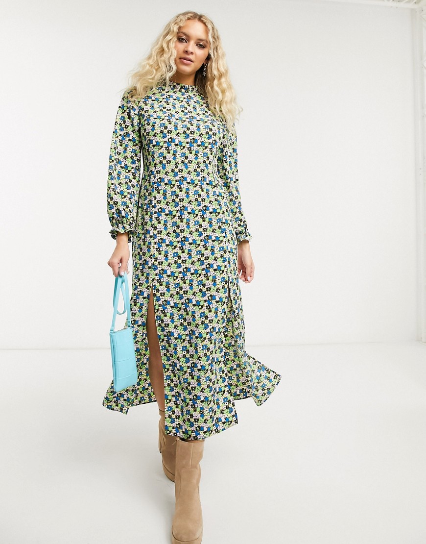 Topshop - Hoogsluitende midi-jurk met groene bloemenprint-Multi