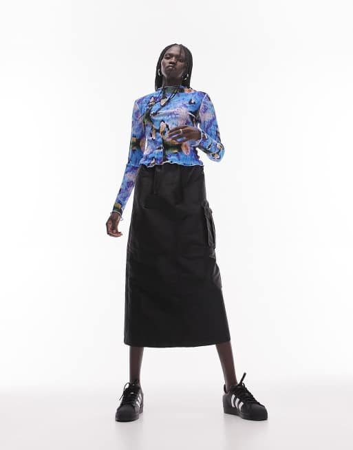 Topshop - Hoogsluitende plissé top van mesh met vervaagde bloemenprint in multi, 3 van 4