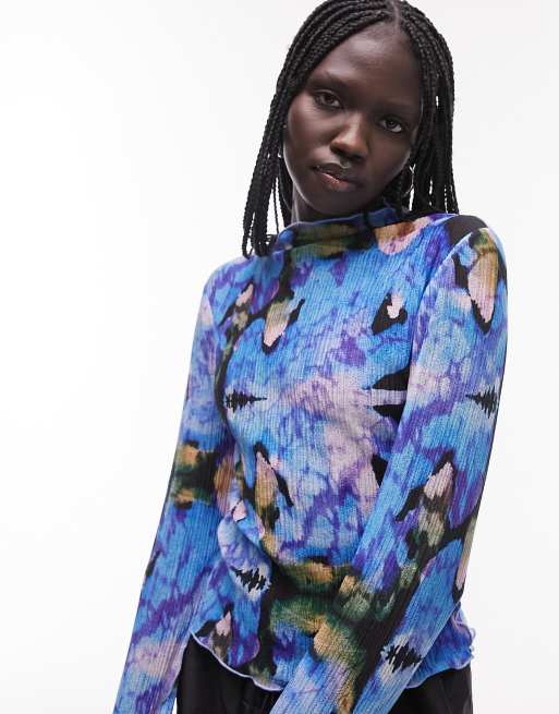 Topshop - Hoogsluitende plissé top van mesh met vervaagde bloemenprint in multi, 4 van 4