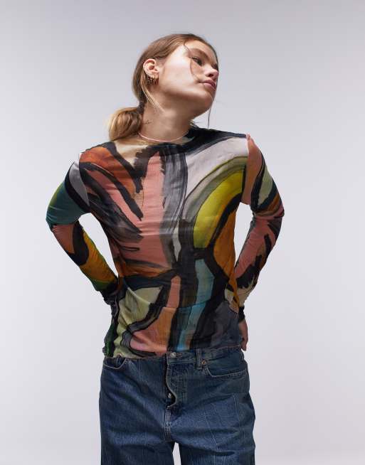 Topshop - Hoogsluitende top met lange mouwen en abstracte kunstprint in multi