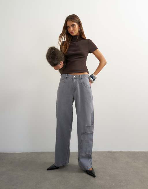 Topshop hoogsluitende top met ritssluiting, korte mouwen en ribstructuur in donkerbruin, 3 van 4