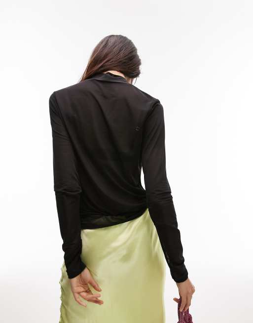 Topshop - Hoogsluitende top van mesh met lange mouwen in zwart, 2 van 4