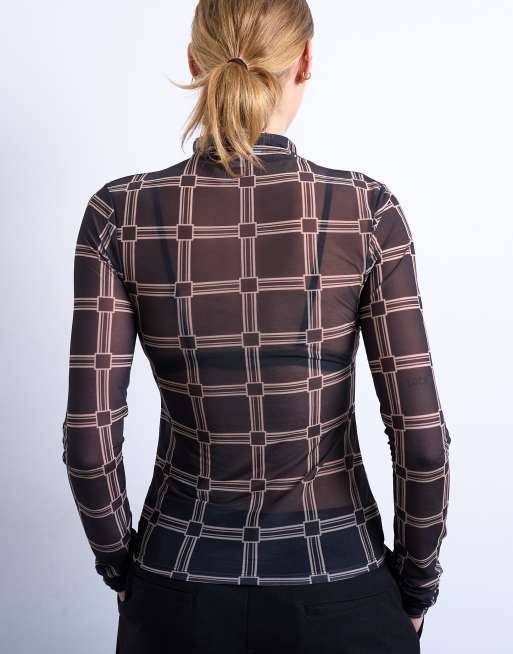 Topshop - Hoogsluitende top van mesh met lange mouwen in zwarte ruit, 4 van 4