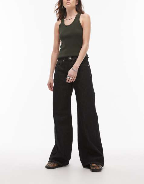 Topshop - Horizon - Jeans met wijde pijpen en halfhoge taille in zwart ecru - view 1