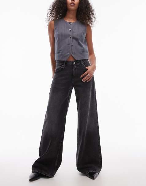Topshop - Horizon - Jeans met wijde pijpen en halfhoge taille in zwart met wassing - view 1