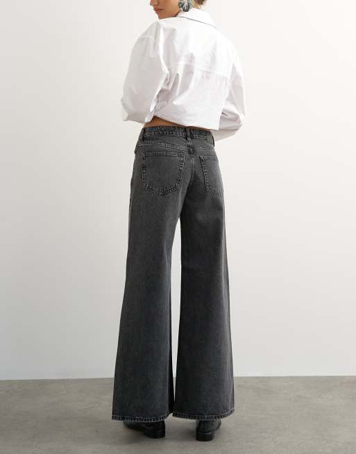Topshop Horizon mid rise wide leg jean in washed black, 4 of 5