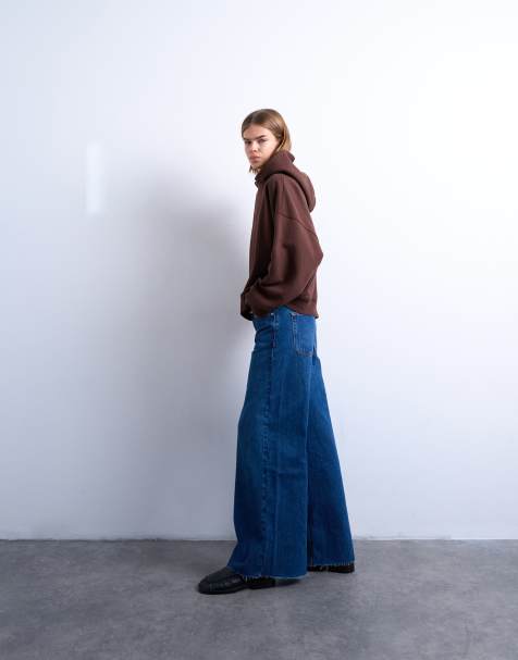 Topshop Horizon mid rise wide leg jean with raw hem in rich blue - view 1