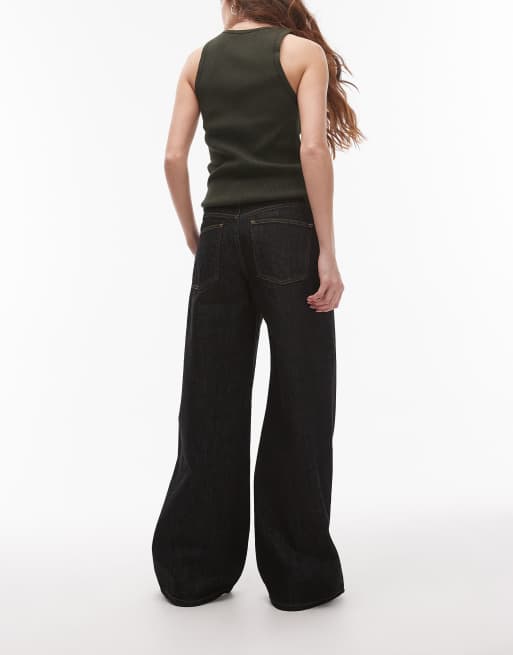 Topshop Horizon mid rise wide leg jeans in black/ecru, 3 of 5