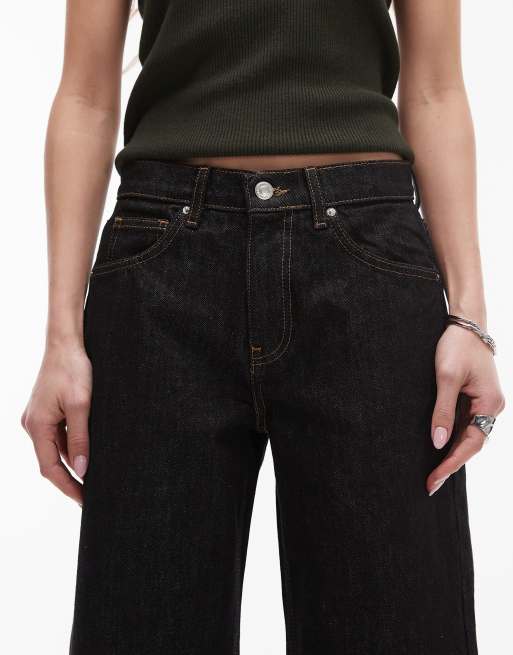 Topshop Horizon mid rise wide leg jeans in black/ecru, 4 of 5