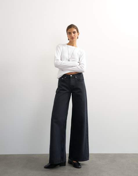 Topshop Horizon mid rise wide leg jeans in blue black - view 1