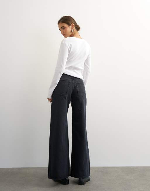 Topshop Horizon mid rise wide leg jeans in blue black, 4 of 5