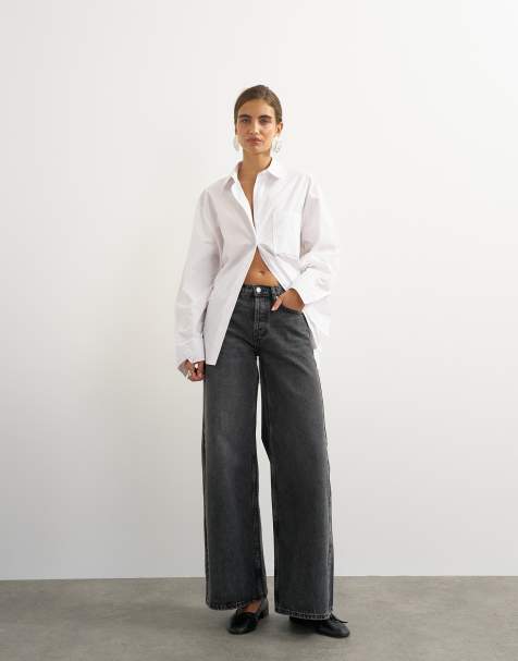 Topshop Horizon mid rise wide leg jeans in washed black - view 1