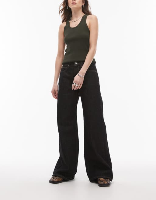 Topshop - Horizon - Sorte og ecrufarvede jeans med mellemhøj talje og vide ben