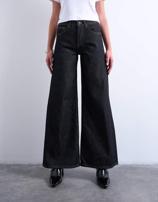 Topshop – Horizon – Svarta jeans med vida ben och sköljtvätt