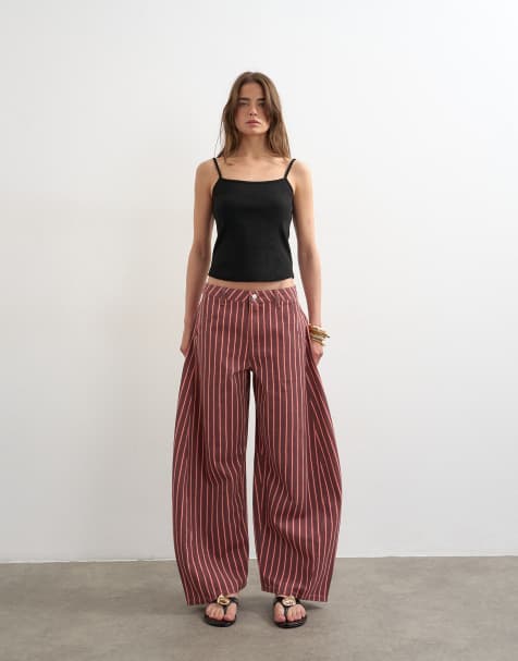 Topshop - Horseshoe - Gestreepte jeans met halfhoge taille in roze en rood - view 1