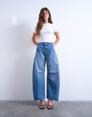 Topshop Horseshoe High Rise Barrel Jeans In Blue