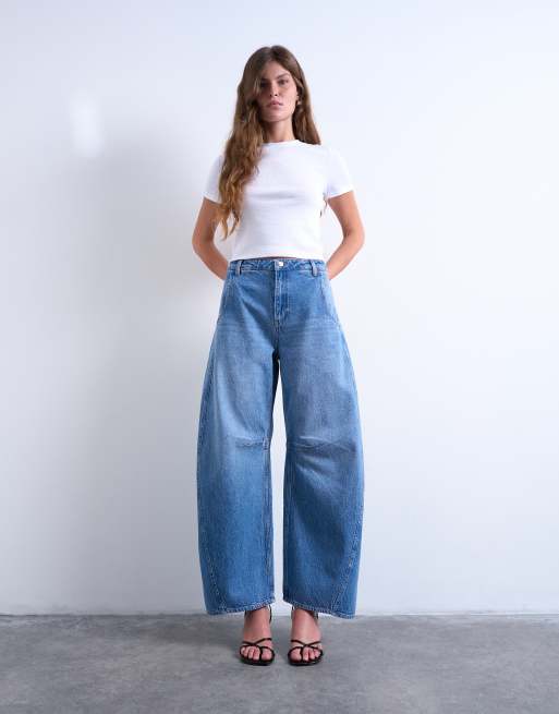Topshop Horseshoe high rise barrel jeans in mid blue