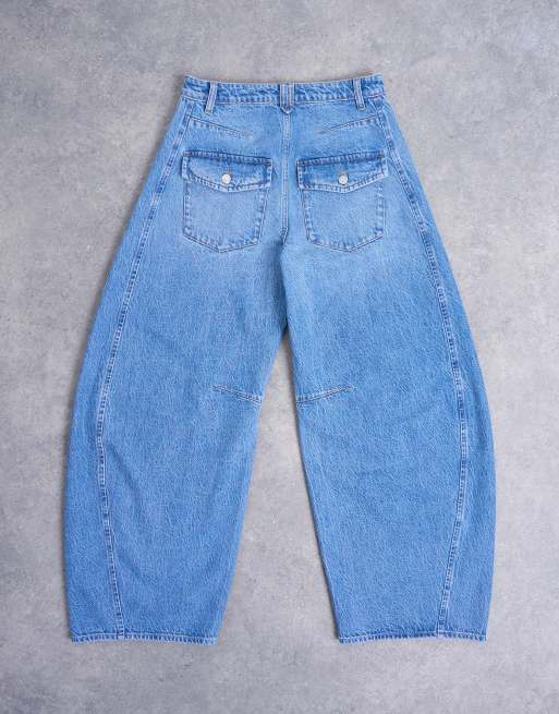 Topshop Horseshoe high rise barrel jeans in mid blue