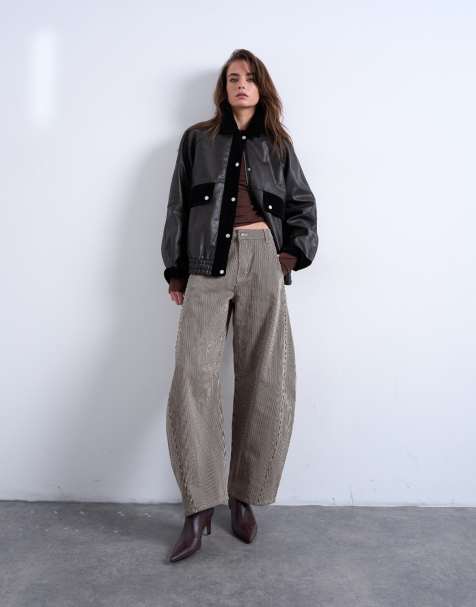 Topshop - Horseshoe - Jeans bombati a vita medio alta con cavallo basso marroni a righe - view 1