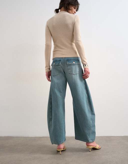 Topshop Horseshoe mid rise barrel leg jeans in green cast, 5 of 5